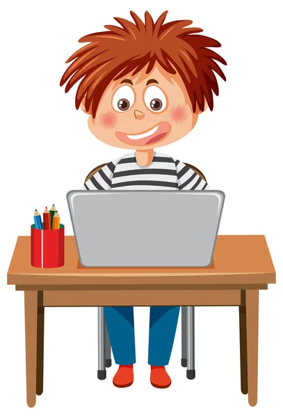 Netter Junge Mit Laptop Illustration — Stockvektor