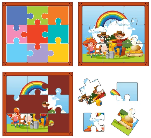 Farm Characters Photo Puzzle Game Template Illustration — Stock vektor