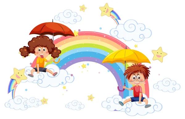 Kinder Sitzen Auf Wolken Mit Regenbogenillustration — Stockvektor