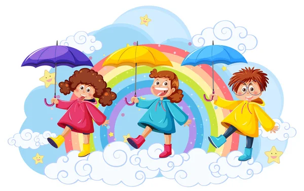 Kinder Auf Wolke Mit Regenbogenillustration — Stockvektor