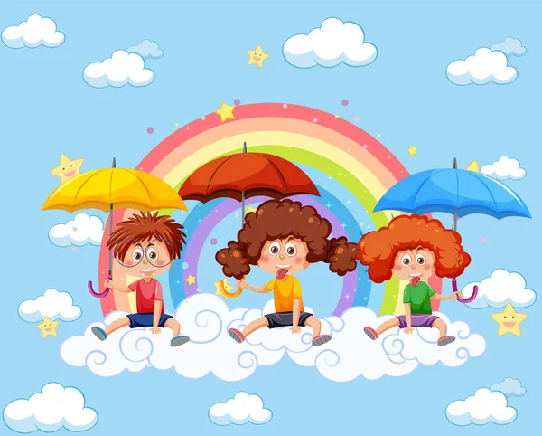 Enfants Heureux Dans Ciel Avec Illustration Arc Ciel — Image vectorielle