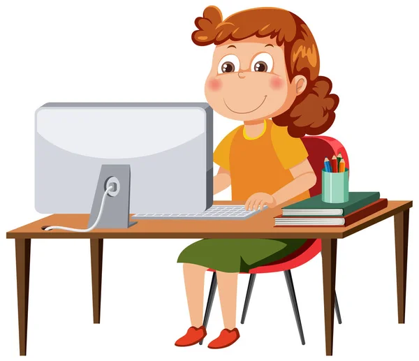 Uma Mulher Sentada Frente Ilustração Computador — Vetor de Stock