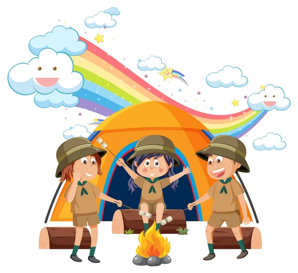 Acampar Crianças Com Arco Íris Céu Ilustração —  Vetores de Stock