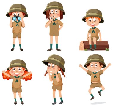 Set of cartoon character in camping outfit illustration