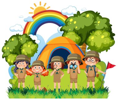 Children camping out at the forest illustration