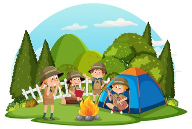 Children camping out forest scene illustration