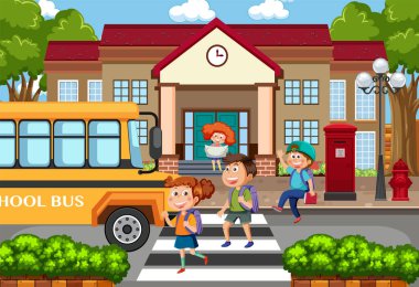 In front of school with children illustration