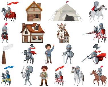 Medieval cartoon characters and objects illustration