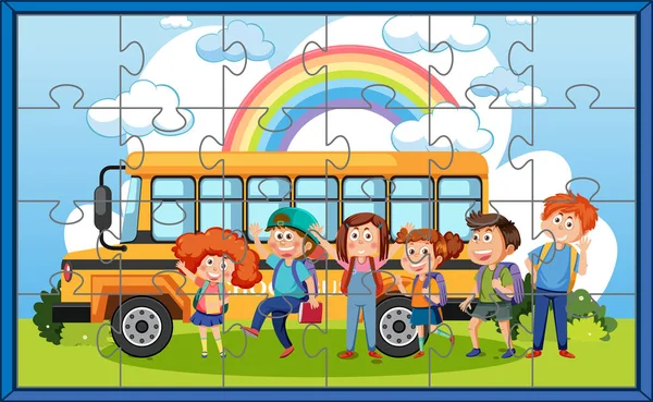 School Kids Photo Puzzle Game Illustration — ストックベクタ