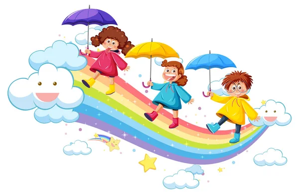 Kinder Gehen Auf Regenbogen Illustration — Stockvektor