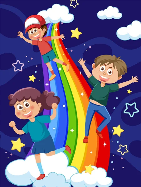 Niños Arco Iris Cielo Ilustración — Vector de stock