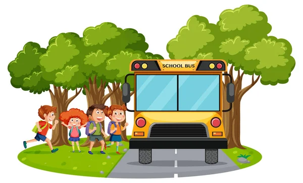 Crianças Indo Para Escola Por Ilustração Ônibus — Vetor de Stock