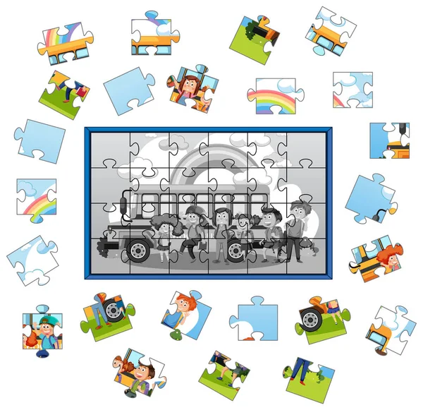 School Kids Photo Jigsaw Puzzle Game Illustration — Stok Vektör