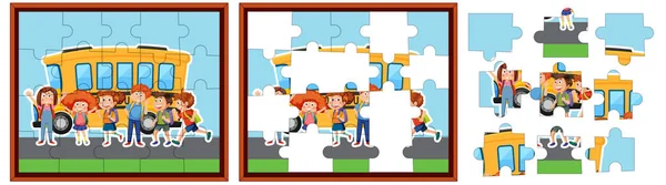 Student School Bus Photo Puzzle Game Template Illustration — Stok Vektör