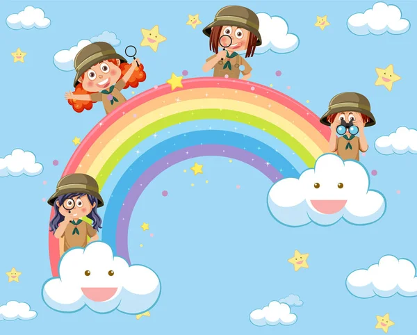 Niños Felices Cielo Con Ilustración Arco Iris — Vector de stock