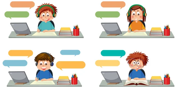Set Different Kids Studying Laptop Illustration — Stock Vector