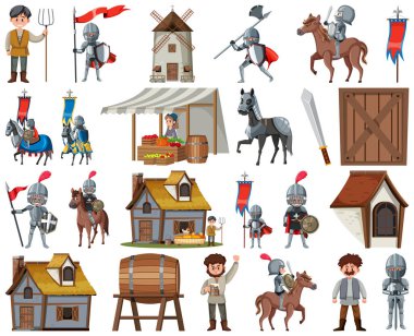 Medieval cartoon characters and objects illustration