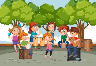 Park Illustration 'da çocuk müzik grubu çalıyor