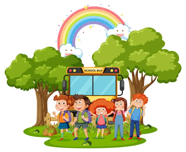 Çizgi Film Tarzında Okul Otobüsü Olan Çocuklar — Stok Vektör