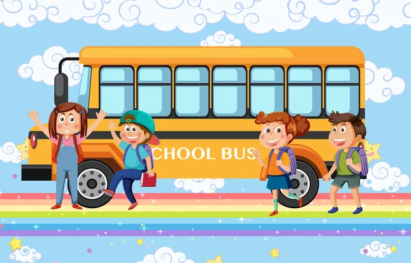 School Bus Kinderen Met Regenboog Illustratie — Stockvector