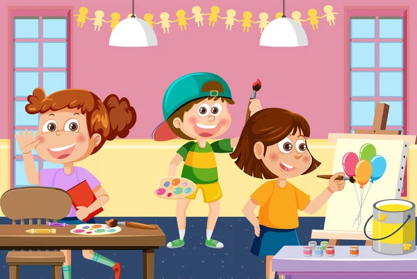 Art Classroom Happy Students Illustration — Vector de stock