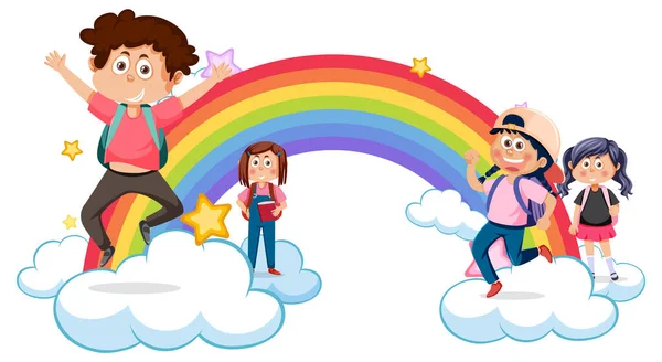 Niños Felices Con Ilustración Arco Iris — Vector de stock