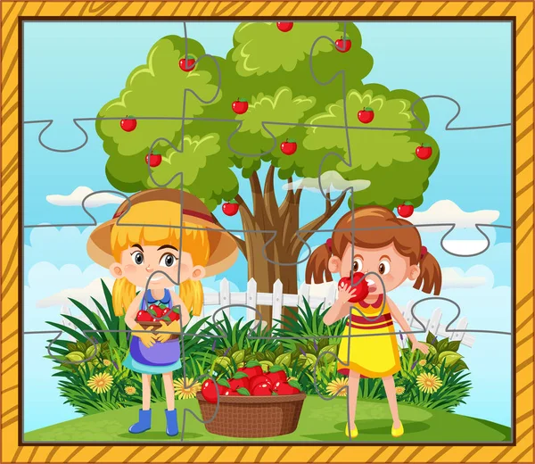 庭師の子供写真ジグソーパズルゲームテンプレートイラスト — ストックベクタ