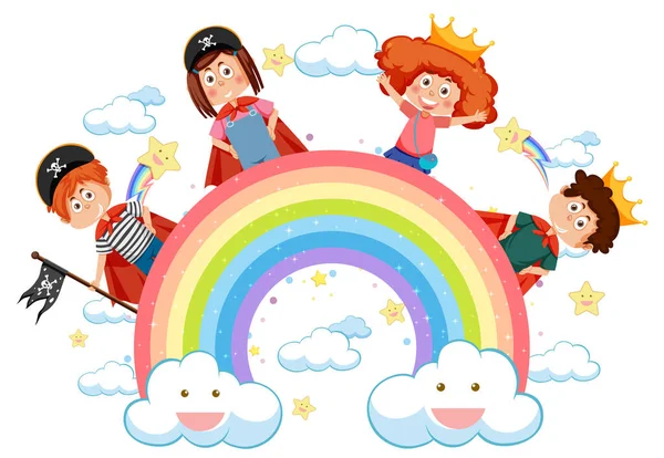 Glückliche Kinder Mit Regenbogen Illustration — Stockvektor