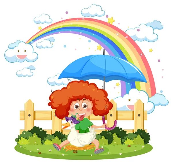 Ein Mädchen Mit Ihrer Ente Auf Regenbogen Himmel Illustration — Stockvektor