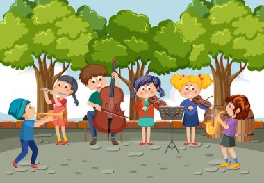 Park Illustration 'da çocuk müzik grubu çalıyor