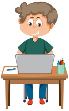 A boy sitting in front of laptop illustration