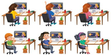 Bilgisayar illüstrasyonu kullanan bir grup farklı çocuk.