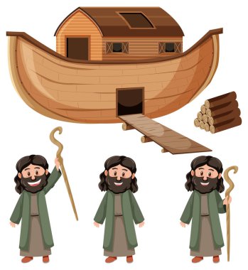 Noahs Ark and cartoon character set illustration