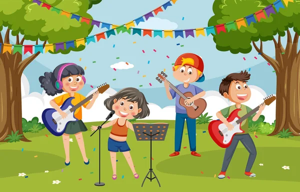 Niños Tocando Música Parque Ilustración — Archivo Imágenes Vectoriales