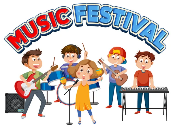 Texte Festival Musique Avec Des Enfants Jouant Illustration Instrument Musique — Image vectorielle