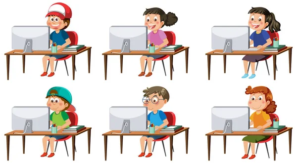 Set Different Kids Using Computer Illustration — Stock Vector