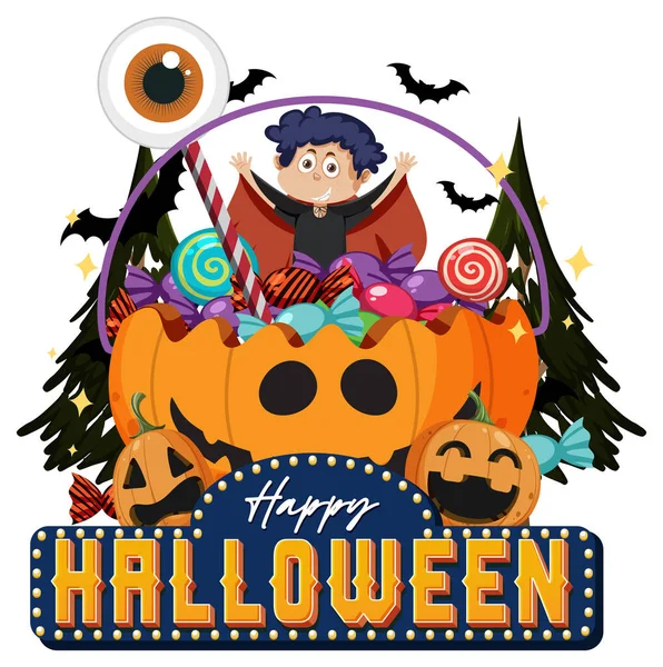 Happy Halloween Text Logo Cartoon Character Illustration — Wektor stockowy