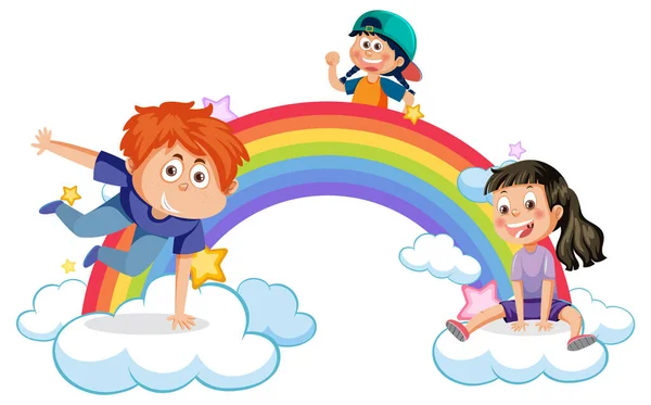 Glückliche Kinder Mit Regenbogen Illustration — Stockvektor