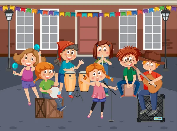 Kindermusikkapelle Spielt Musikinstrument — Stockvektor