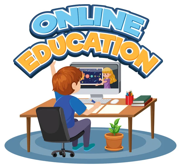 Educazione Online Con Ragazzo Che Studia Illustrazione Online — Vettoriale Stock