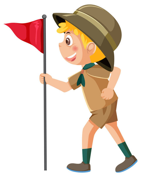 Персонаж скаутского мультфильма держит иллюстрацию флага
