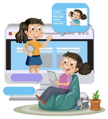 Tablet çiziminde arkadaşıyla sohbet eden bir kız.