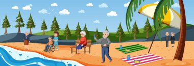 Tatil illüstrasyonunda son sınıf öğrencileriyle plaj sahnesi