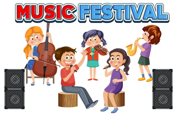 Testo Del Festival Musicale Con Bambini Che Suonano Illustrazione Dello — Vettoriale Stock
