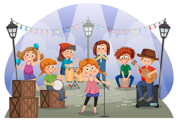 Children Playing Music Park Illustration — Stock Vector