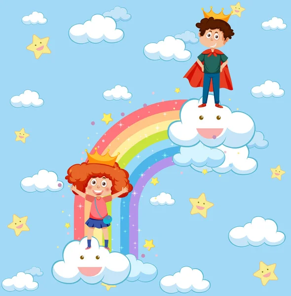 Glückliche Kinder Himmel Mit Regenbogen Illustration — Stockvektor