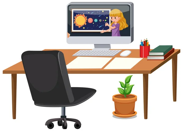 桌上插图上的计算机和文具 — 图库矢量图片