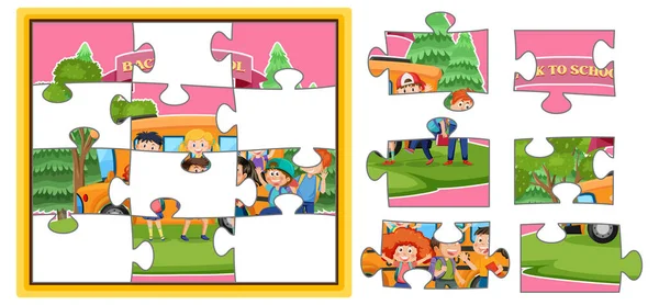 School Kids Photo Jigsaw Puzzle Game Template Illustration — ストックベクタ