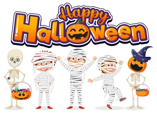 Happy Halloween Text Logo Cartoon Character Illustration — Stockový vektor