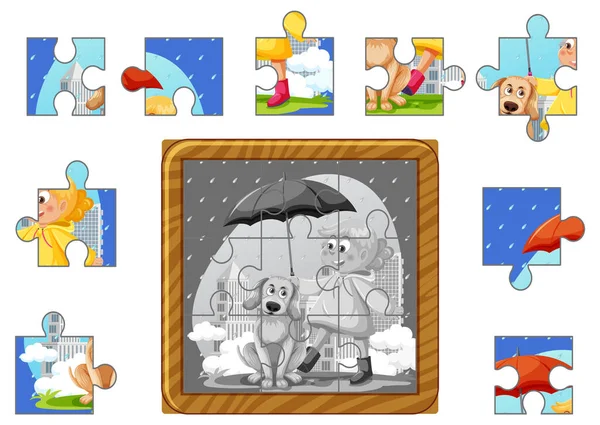 Girl Dog Photo Jigsaw Puzzle Game Template Illustration — Stockový vektor